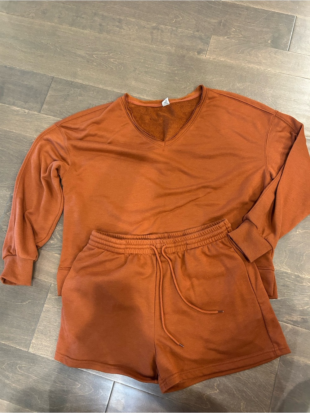 Rust V-Neck Lounge Set - Top & Drawstring Shorts